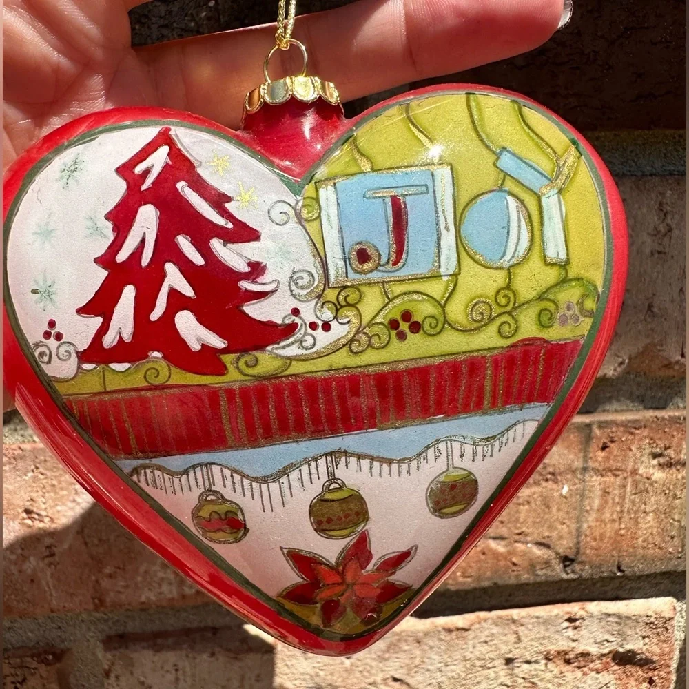 Pier 1 Li Bien Heart Shape Glass Ornament JOY NOEL 2008 Original Red Box